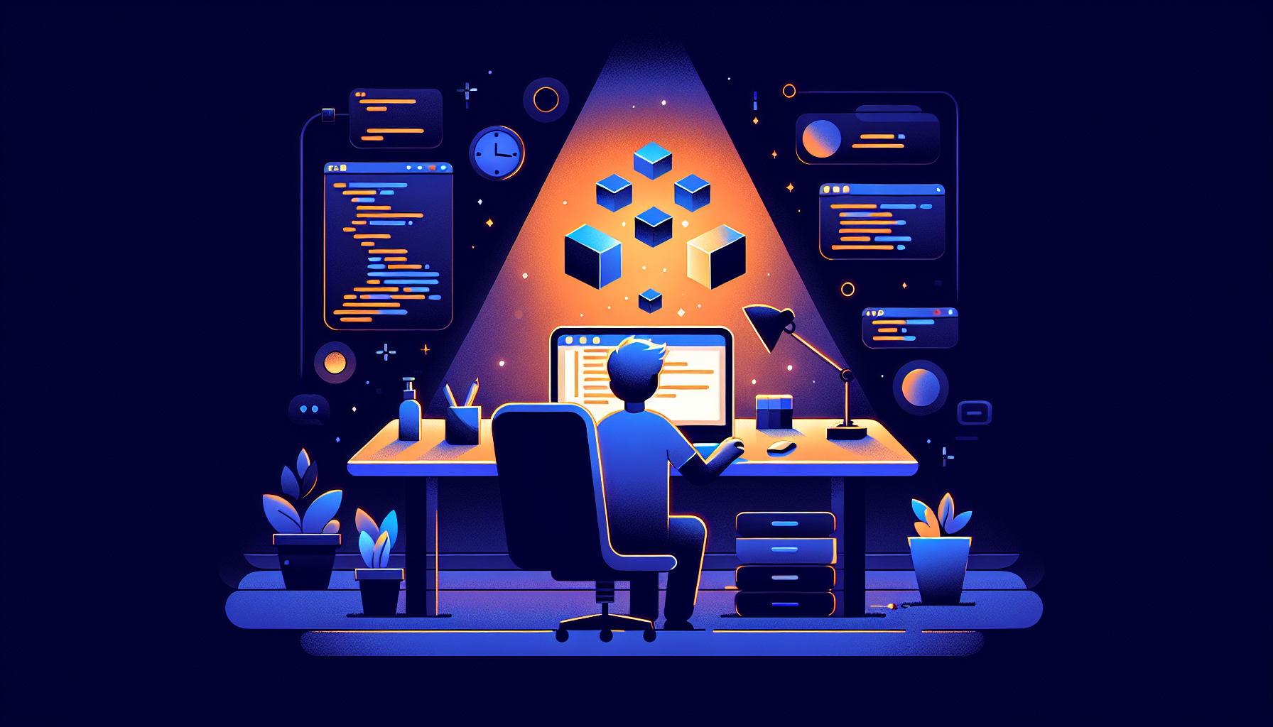 비개발자가 AI와 함께 블로그를 직접 만드는 과정을 표현한 일러스트