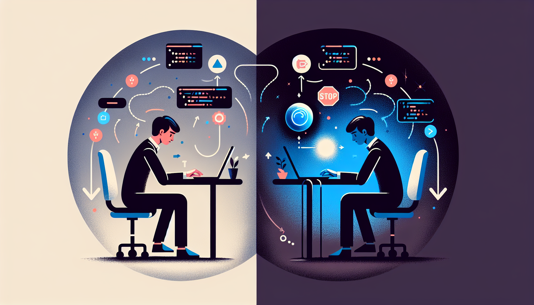 기존 코딩 학습과 AI 코딩의 차이를 비교한 일러스트